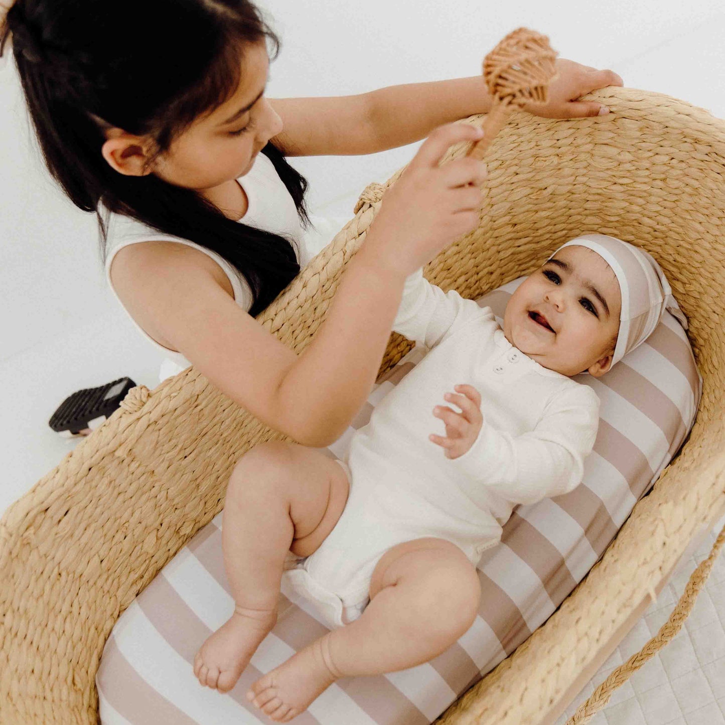 Seashell Stripe Beige Top Knot Beanie