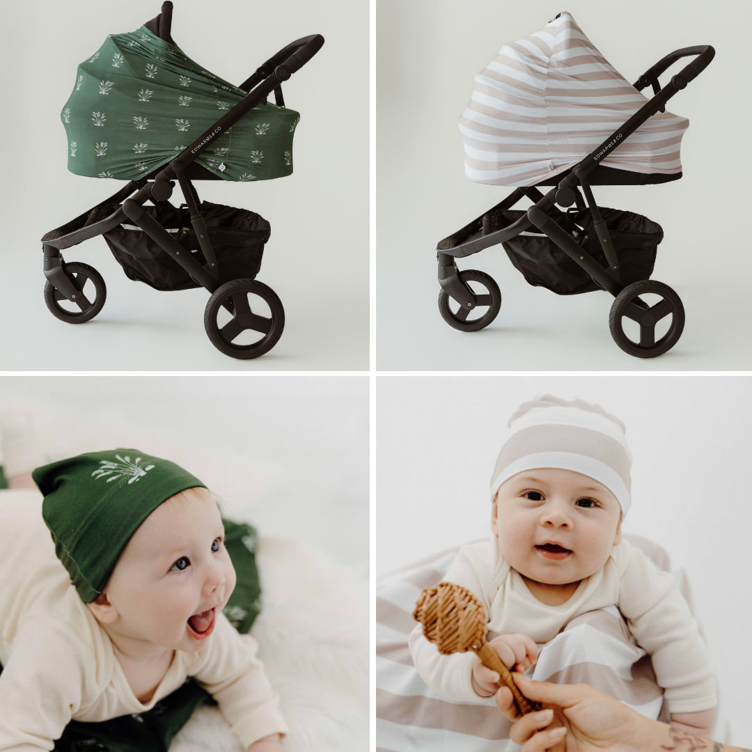 Native Grasslands and Seashell Stripe bamboo baby covers on prams with matching top knot beanies by Izi & Al