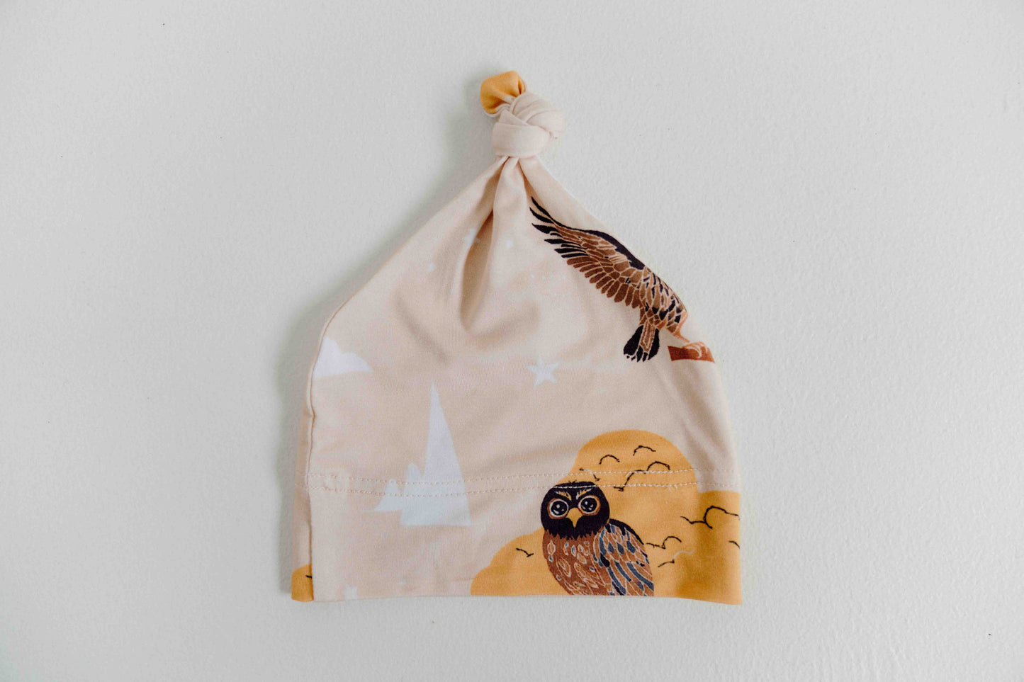 Ruru & Taranaki - Owl & Mountains Top Knot Beanie