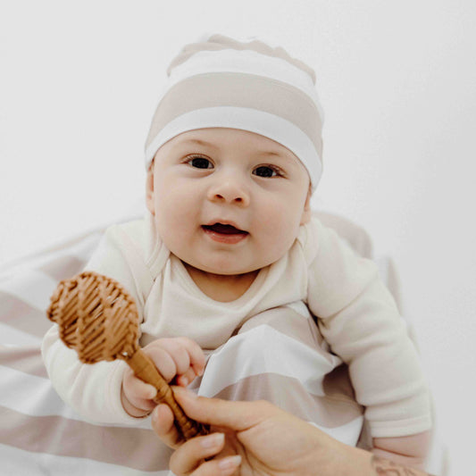 Seashell Stripe Beige Top Knot Beanie