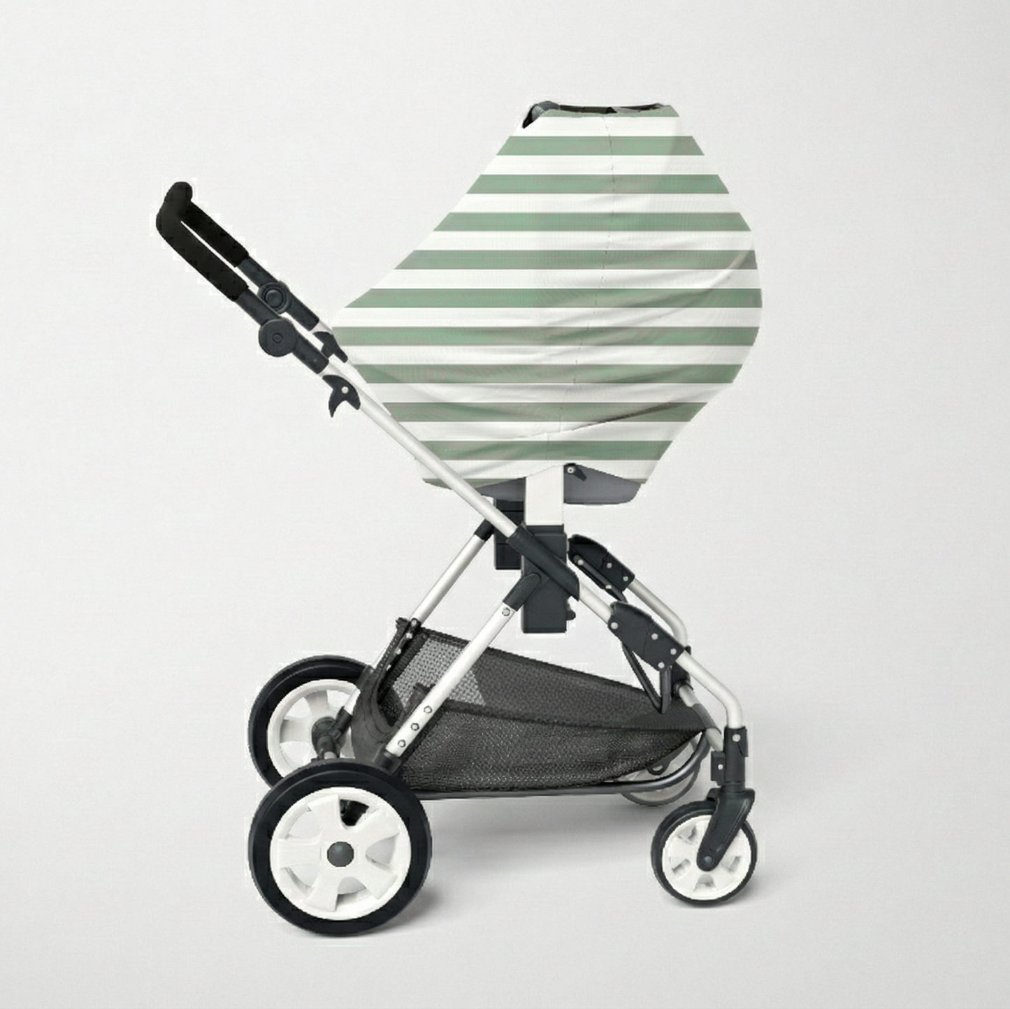 Sage Stripe bamboo UPF 50+ capsule cover attached to a pram by Izi & Al