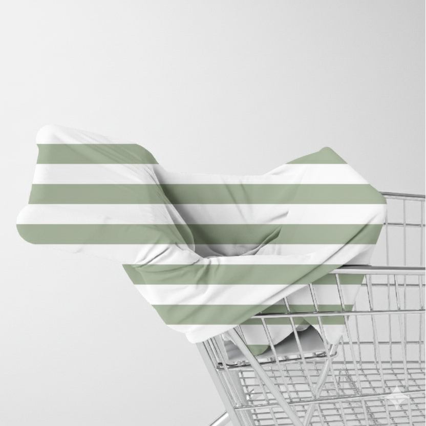 Sage Stripe bamboo baby cover used as a shopping trolley cover by Izi & Al