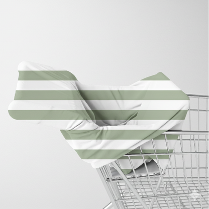 Sage Stripe bamboo baby cover used as a shopping trolley cover by Izi & Al